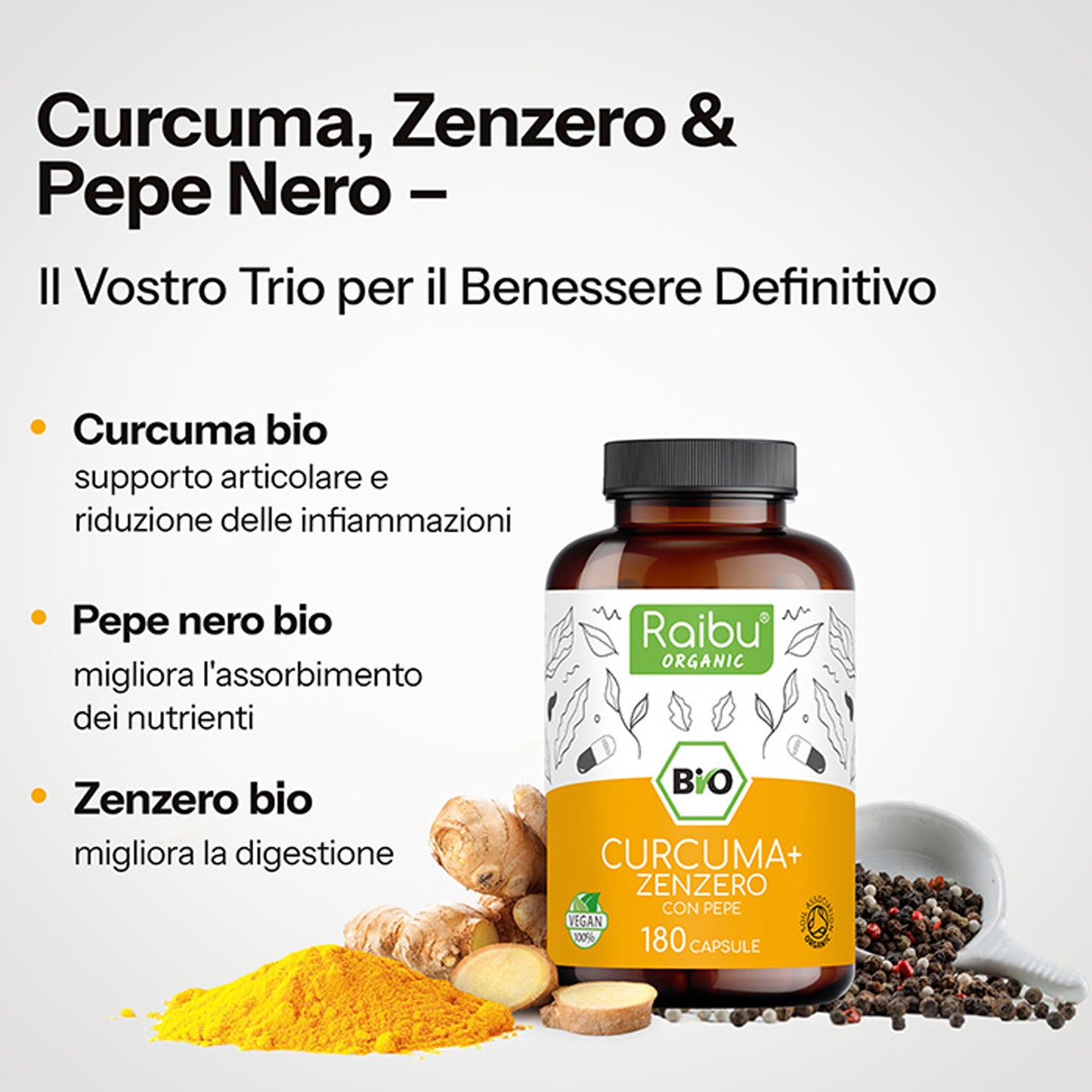 Curcuma, zenzero con pepe nero | 180 Cap.