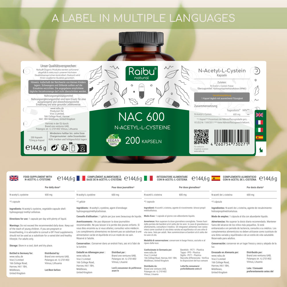 NAC (N-acetil-cisteína) 600 | 200 cápsulas (eu)