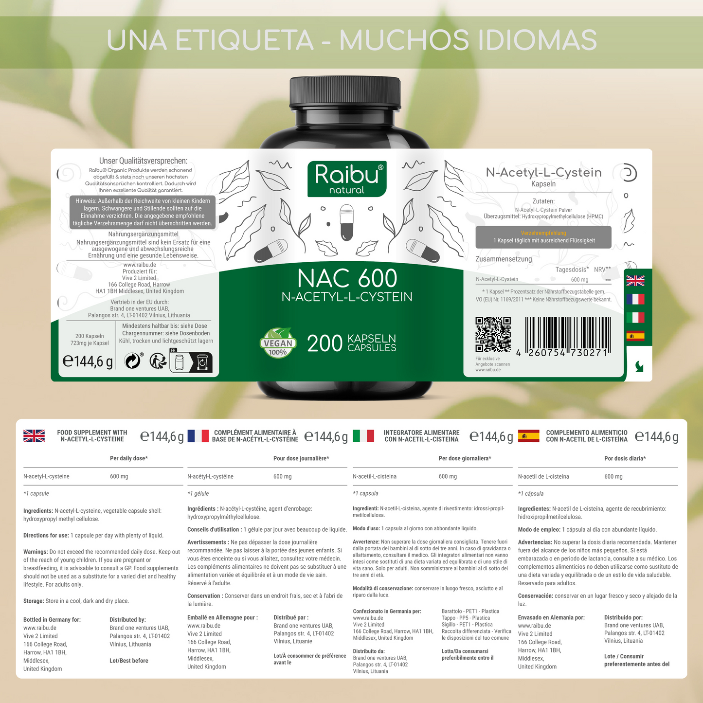 NAC (N-Acetil-Cisteína) 600 | 200 gorras. (es)