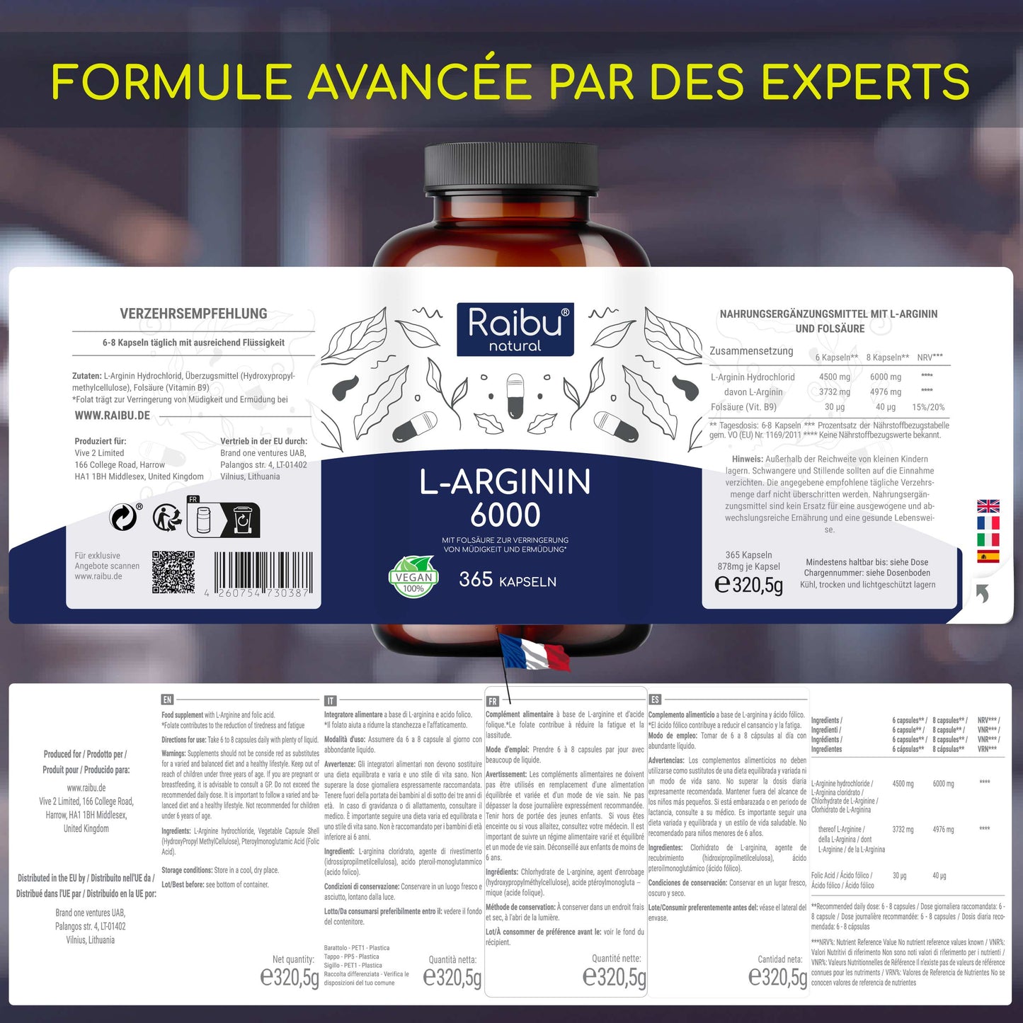 L-Arginin - 6000mg | 365 Cap (fr)
