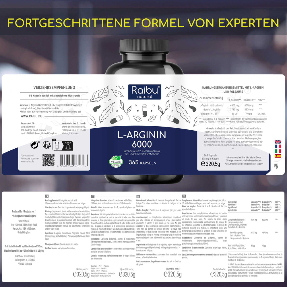 L-Arginina - 6000 mg | Gorra 365 (UE)