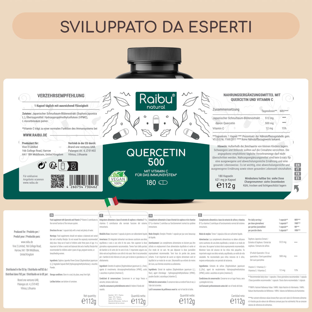 Quercetina 500 mg con vitamina C | 180 cápsulas