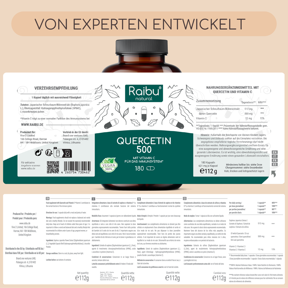 Quercetina 500 mg con vitamina C | 180 cápsulas (eu)