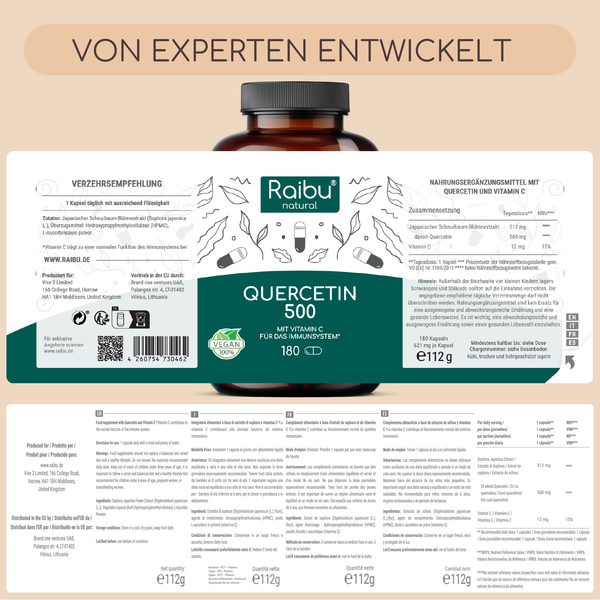 Quercetina 500 mg con vitamina C | 180 capsule (eu)