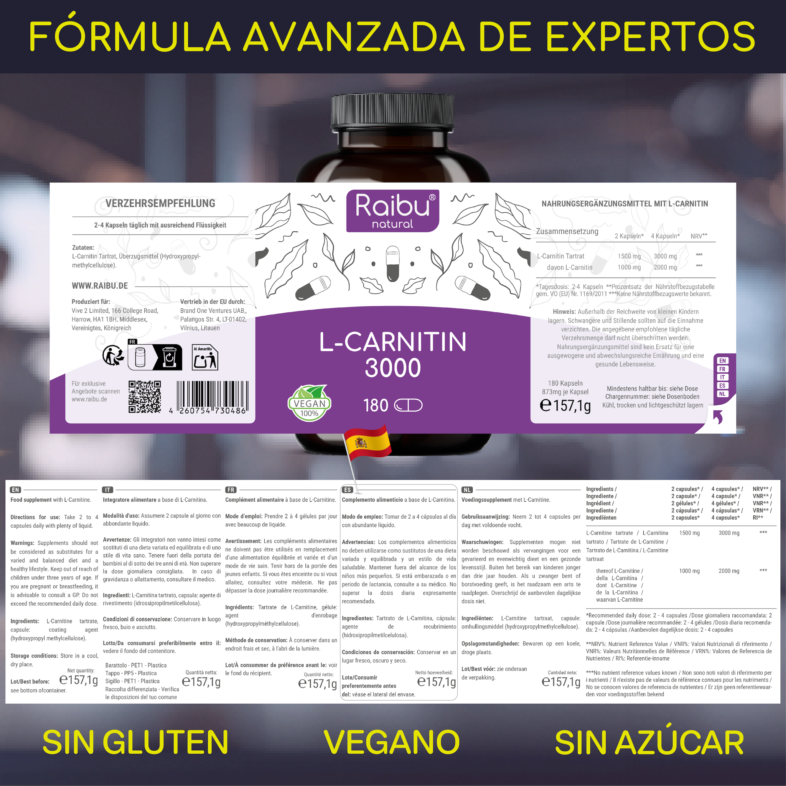 Raibu L-Carnitina 3000 | 180 gorras. Raibu L-Carnitina 3000 | 180 gorras.