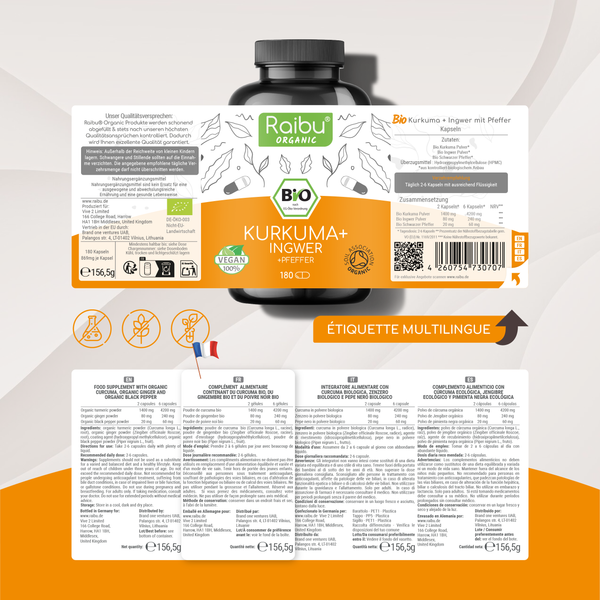 Cúrcuma, jengibre y pimienta negra | 180 cápsulas (fr)